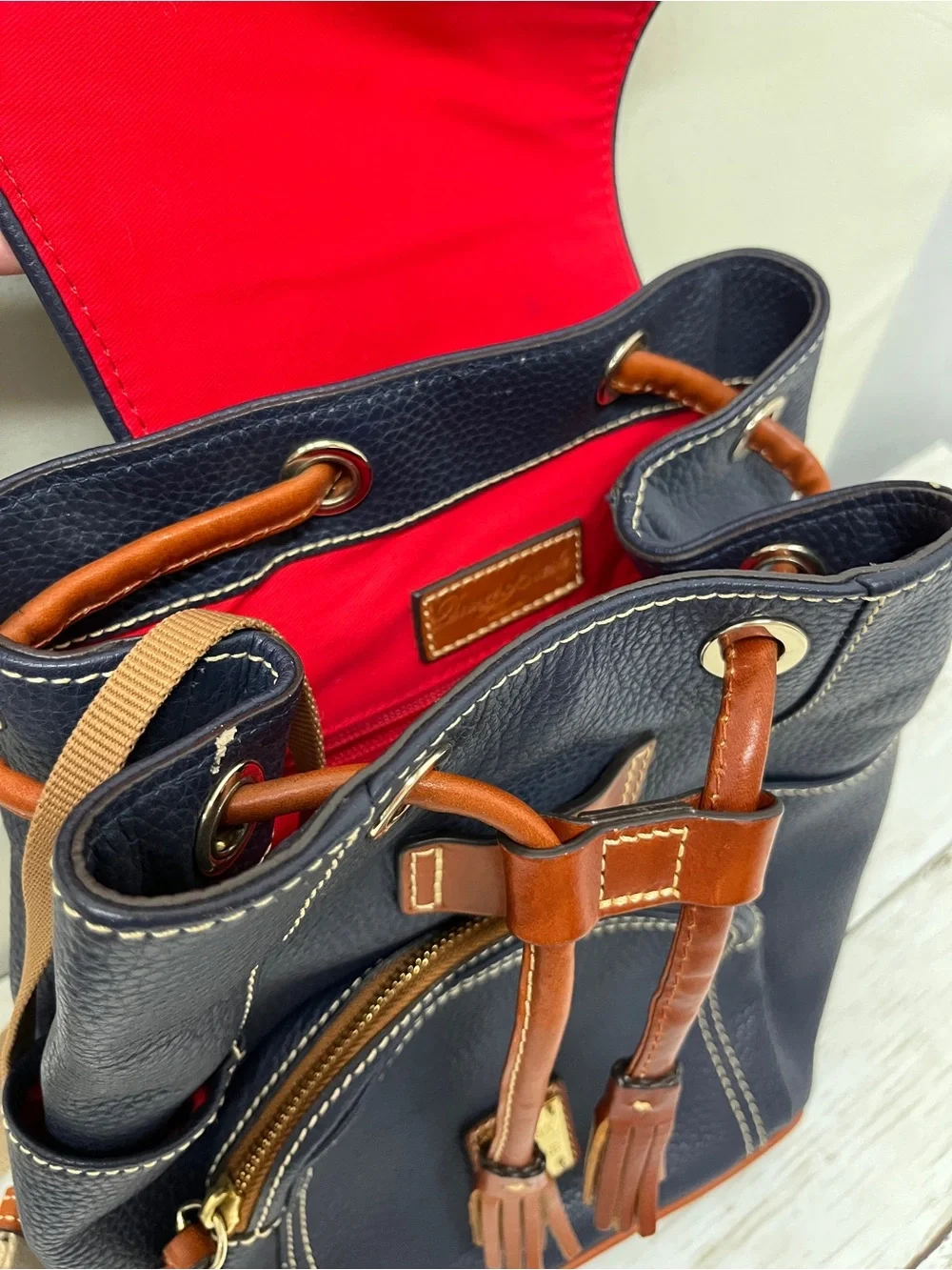 Dooney & Bourke Navy Pebble Grain Leather Backpack Bag with Brown Trim